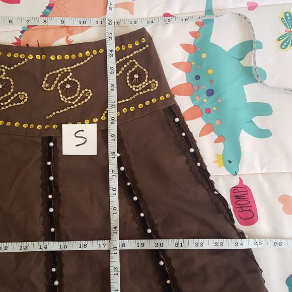 brown y2k boho bling ruffled a-line skirt - Picture 6 of 6